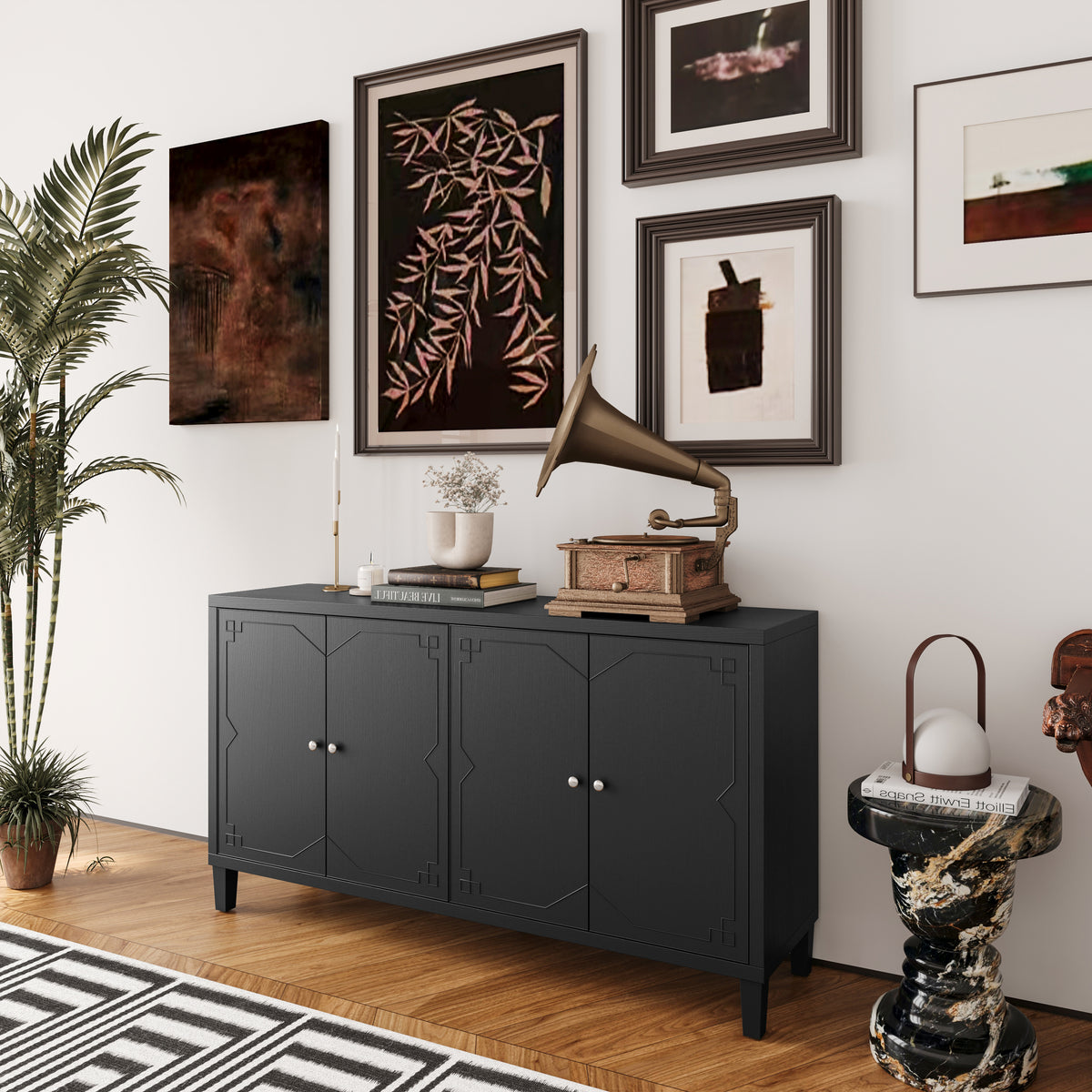 Accent Cabinet 4 Door Wooden Cabinet Sideboard Buffet Server Cabinet Storage Cabinet, for Living Room, Entryway, Hallway, Office, Kitchen and Dining Room, Matte Black W1435P153081-djyc