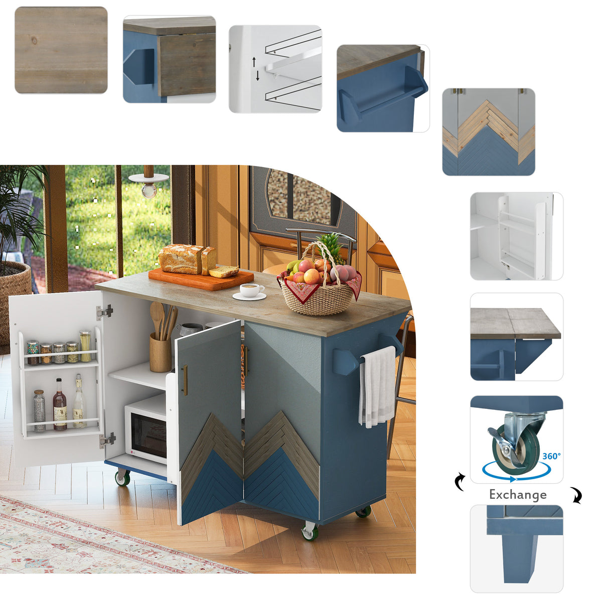 Retro Mountain Wood 47"D Kitchen Island with Drop Leaf, Accent Cabinet with Internal Storage Rack, Farmhouse Rolling Kitchen Cart on Wheels for Living Room, Kitchen, Dining Room (Navy Blue) WF315658AAG-djyc