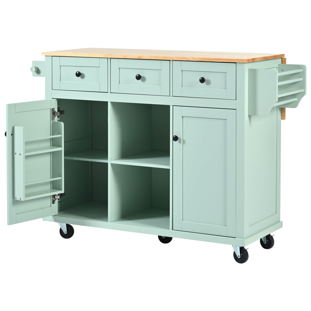 Kitchen Cart with Rubber wood Drop-Leaf Countertop ,Cabinet door internal storage racks,Kitchen Island on 5 Wheels with Storage Cabinet and 3 Drawers for Dinning Room, Mint Green WF298028AAE-djyc