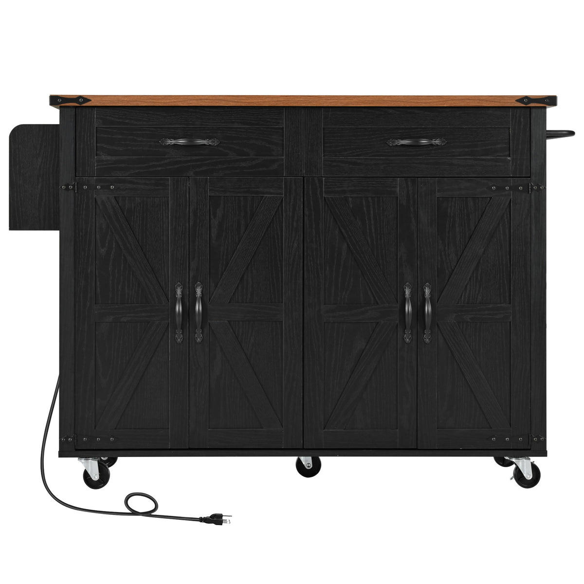 K&K 53.5''Farmhouse Kitchen Island with Power Outlet, Kitchen Storage Island with Drop Leaf, Spice Rack and Drawer, Rolling Kitchen Cart on Wheels, for Home, Kitchen and Dining Room, Black N707P170348B-djyc