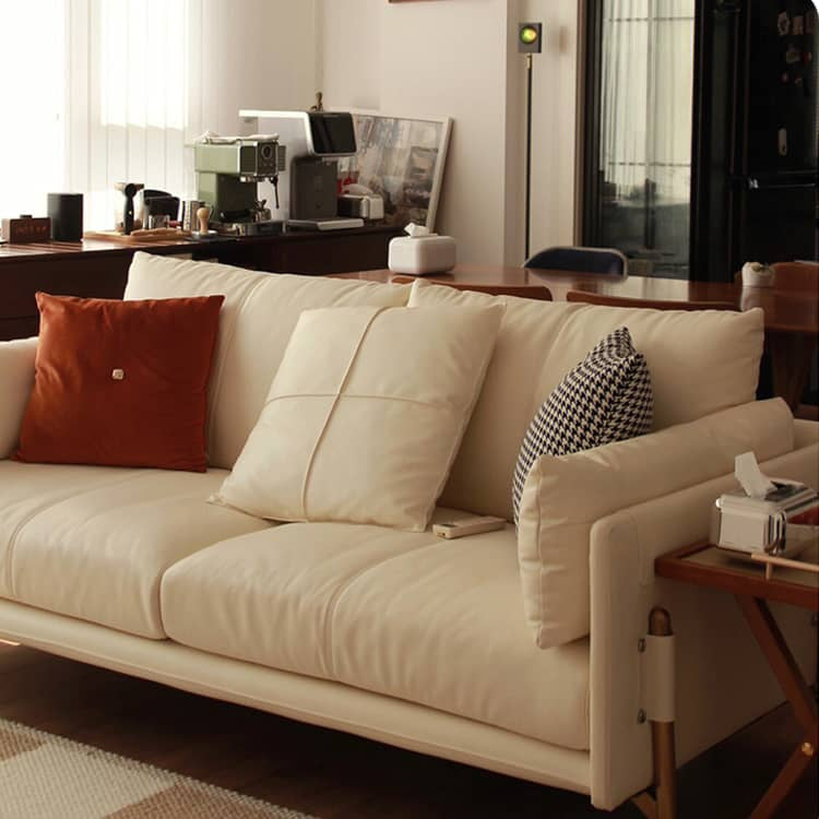 Luxurious Beige Genuine Leather Sofa with Down Cushions - Faux Leather Option Available Hersa-1619