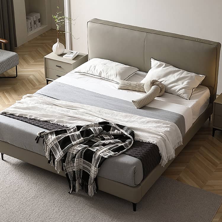 Stylish Grey Faux Leather Bed - Modern Design with Genuine Leather Accents Hersa-1628