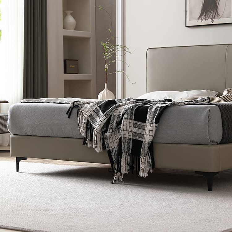 Stylish Grey Faux Leather Bed - Modern Design with Genuine Leather Accents Hersa-1628
