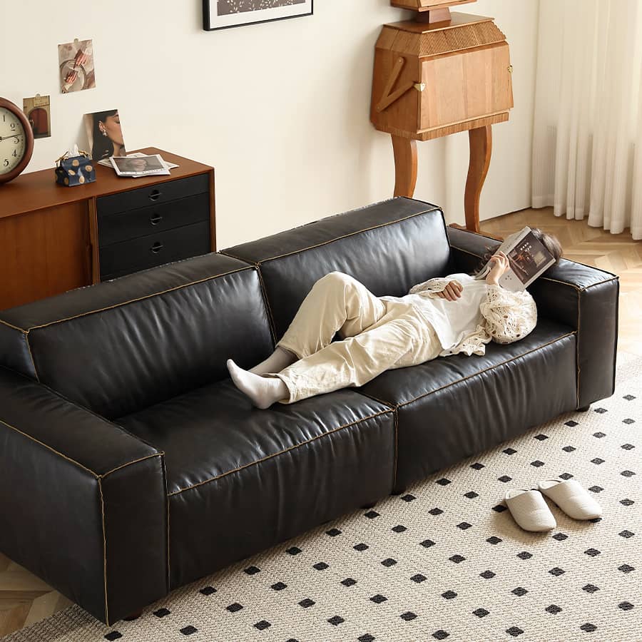 Luxurious Black Genuine Leather Sofa with Solid Wood Frame and Plush Down Filling Hersa-1644
