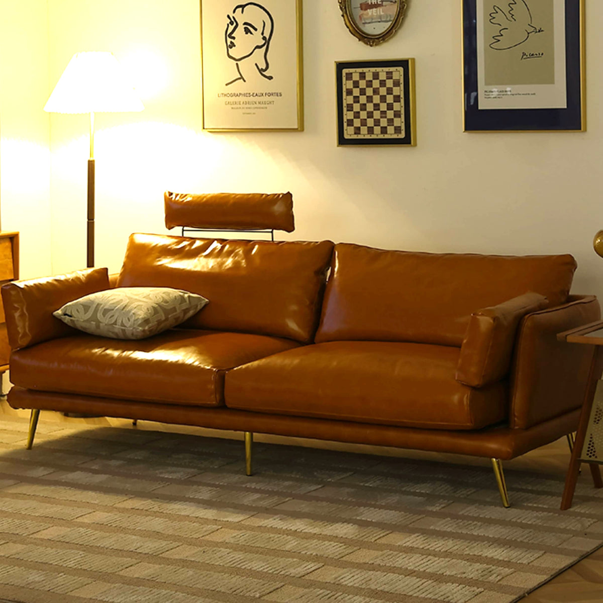 Luxurious Orange Genuine & Faux Leather Sofa with Plush Down Comfort Hersa-1648