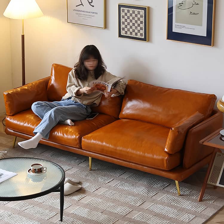 Luxurious Orange Genuine & Faux Leather Sofa with Plush Down Comfort Hersa-1648