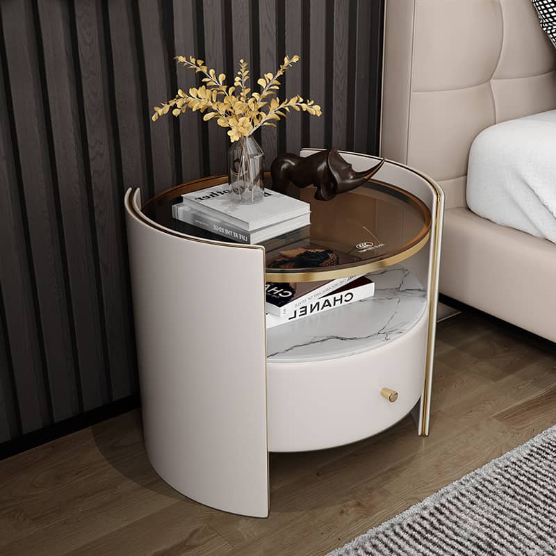 Luxury Nightstand with Tempered Glass, Marble, and Faux Leather Finish fzyhs-2733