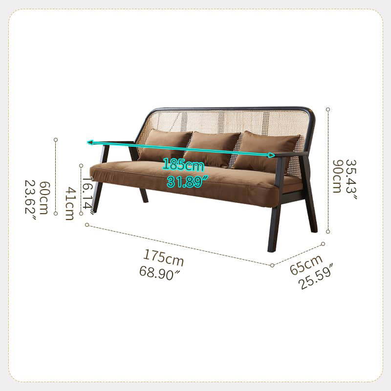 Elegant Dark Brown Ash Wood Sofa with Intricate Rattan Detailing htzm-1514