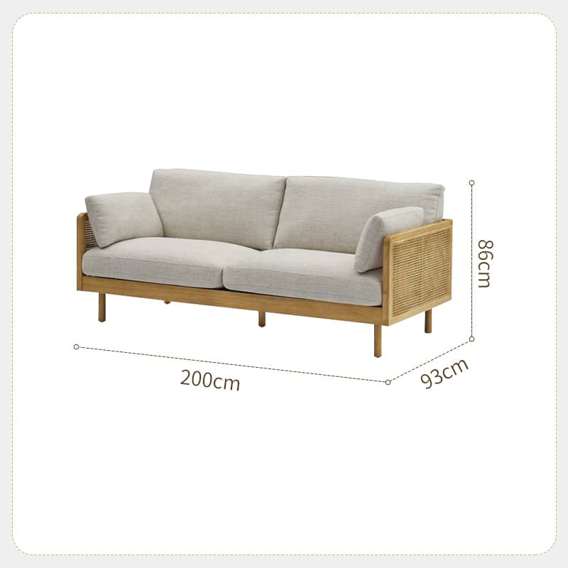 Stylish Grey Sofa with Natural Wood and Black Ash Accents – Rattan and Cotton Linen Blend htzm-1504