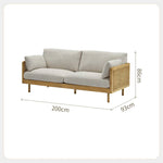 Stylish Grey Sofa with Natural Wood and Black Ash Accents – Rattan and Cotton Linen Blend htzm-1504