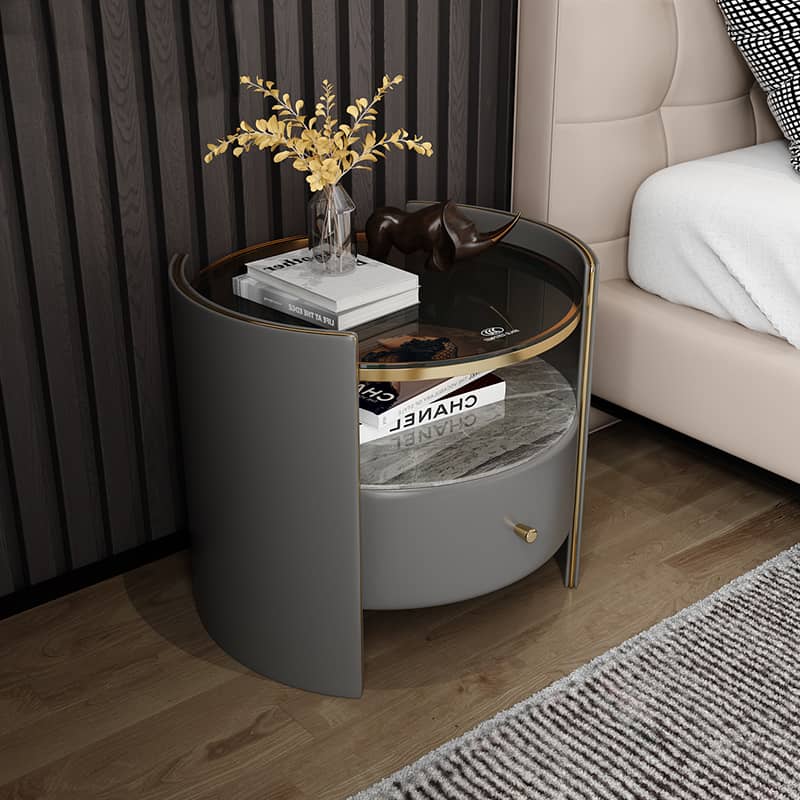 Luxury Nightstand with Tempered Glass, Marble, and Faux Leather Finish fzyhs-2733