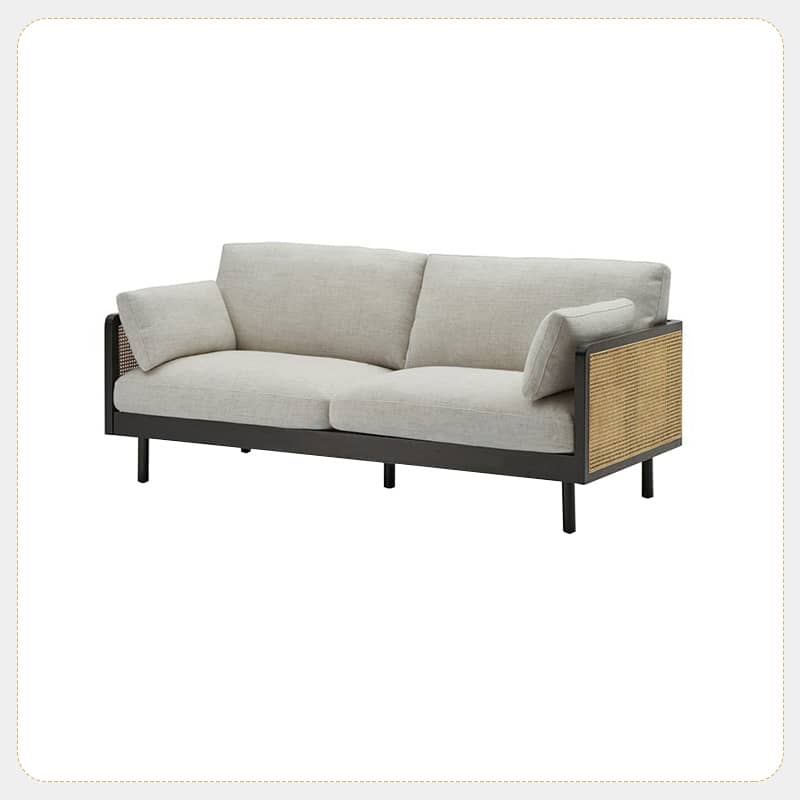 Stylish Grey Sofa with Natural Wood and Black Ash Accents – Rattan and Cotton Linen Blend htzm-1504