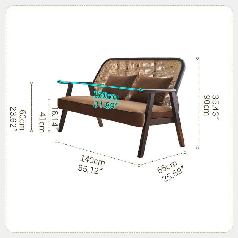 Elegant Dark Brown Ash Wood Sofa with Intricate Rattan Detailing htzm-1514