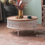 Round Pine Tea Table with Intricate Carved Design - Stylish and Elegant Centerpiece hdst-4301