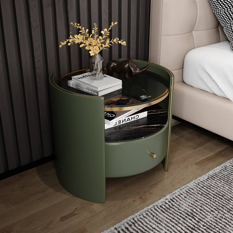 Luxury Nightstand with Tempered Glass, Marble, and Faux Leather Finish fzyhs-2733