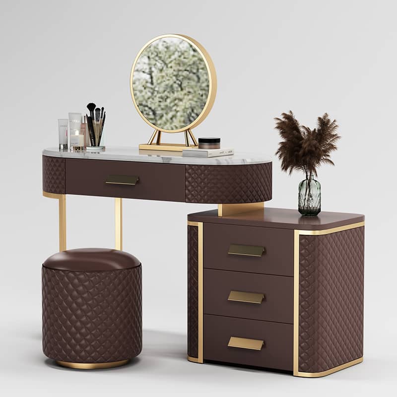 Luxurious Solid Wood Marble Makeup Vanity Set with Glass Mirror & Faux Leather Accents fzyhs-2738