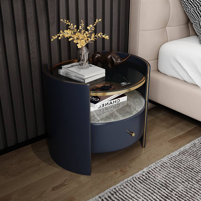 Luxury Nightstand with Tempered Glass, Marble, and Faux Leather Finish fzyhs-2733