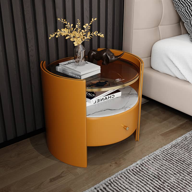 Luxury Nightstand with Tempered Glass, Marble, and Faux Leather Finish fzyhs-2733