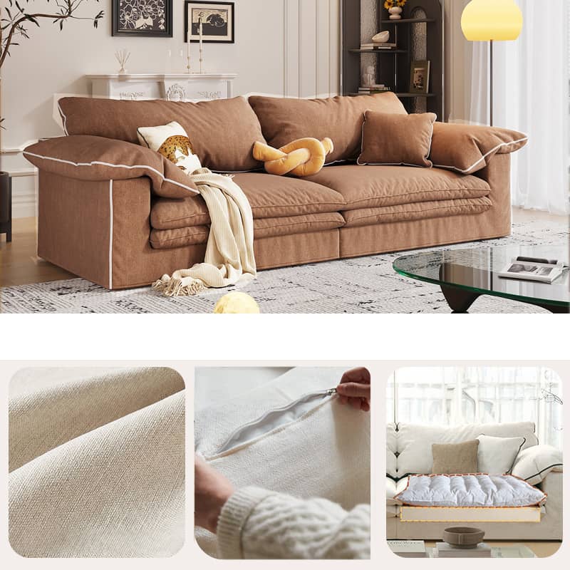 Beige Light Brown Sofa with Pine Wood Frame and Down Figure Cotton Linen Upholstery fbby-1377