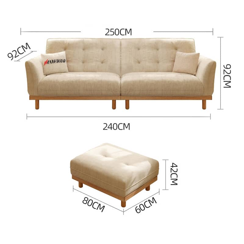 Elegant Beige Corduroy Sofa with Natural Oak and Pine Wood Frame - Plush Goose Down Cushions hmyf-1278