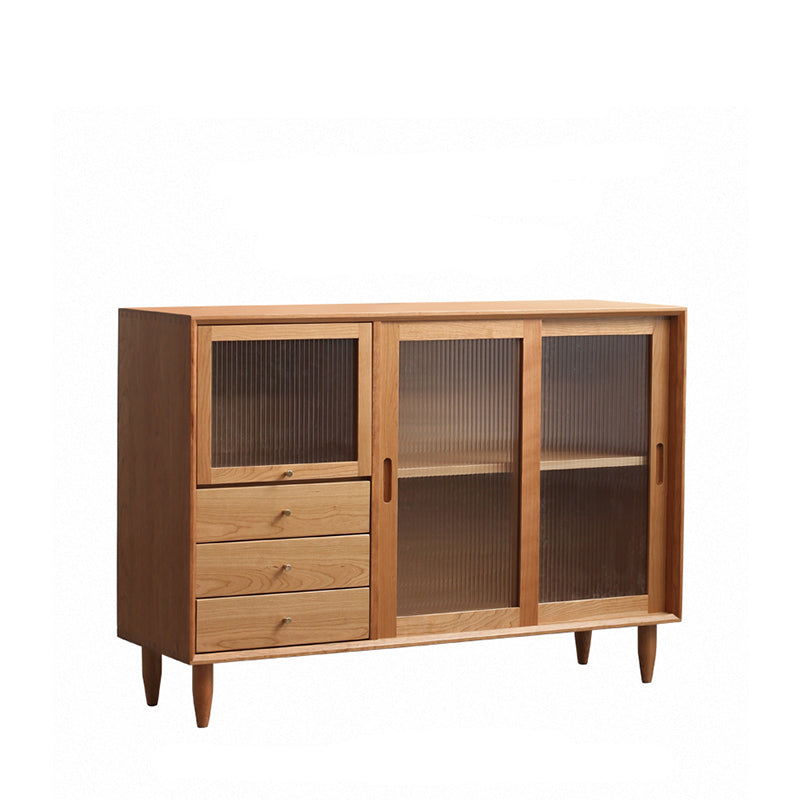 Elegant Natural Cherry and Beech Wood Cabinet with Glass and Copper Accents fyx-859