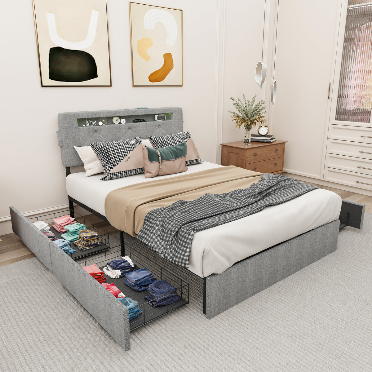 Full Bed Frame with USB Charging Station & LED Lights, Full Bed Frame with Headboard & 4 Storage Drawers, D W1960P175565-djyc