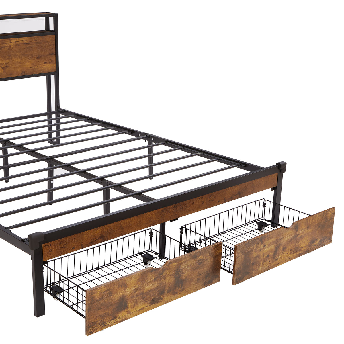 King Size Metal Platform Bed Frame with Wooden Headboard and Footboard with USB,Charging Station,2 Drawers,LED Lights, No Box Spring Needed, Easy Assemble W311S00044-djyc