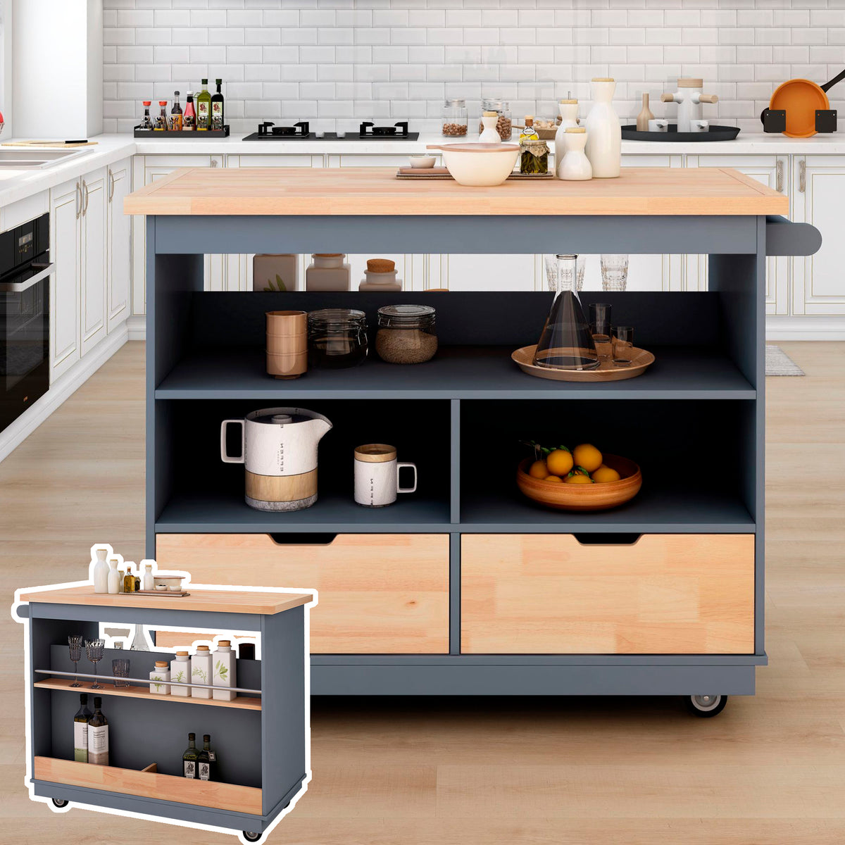 Rolling Kitchen Island with Storage, Two-sided Kitchen island Cart on Wheels with Wood Top, Wine and Spice Rack, Large Kitchen Cart with 2 Drawers, 3 Open Compartments, Grey Blue WF318964AAG-djyc