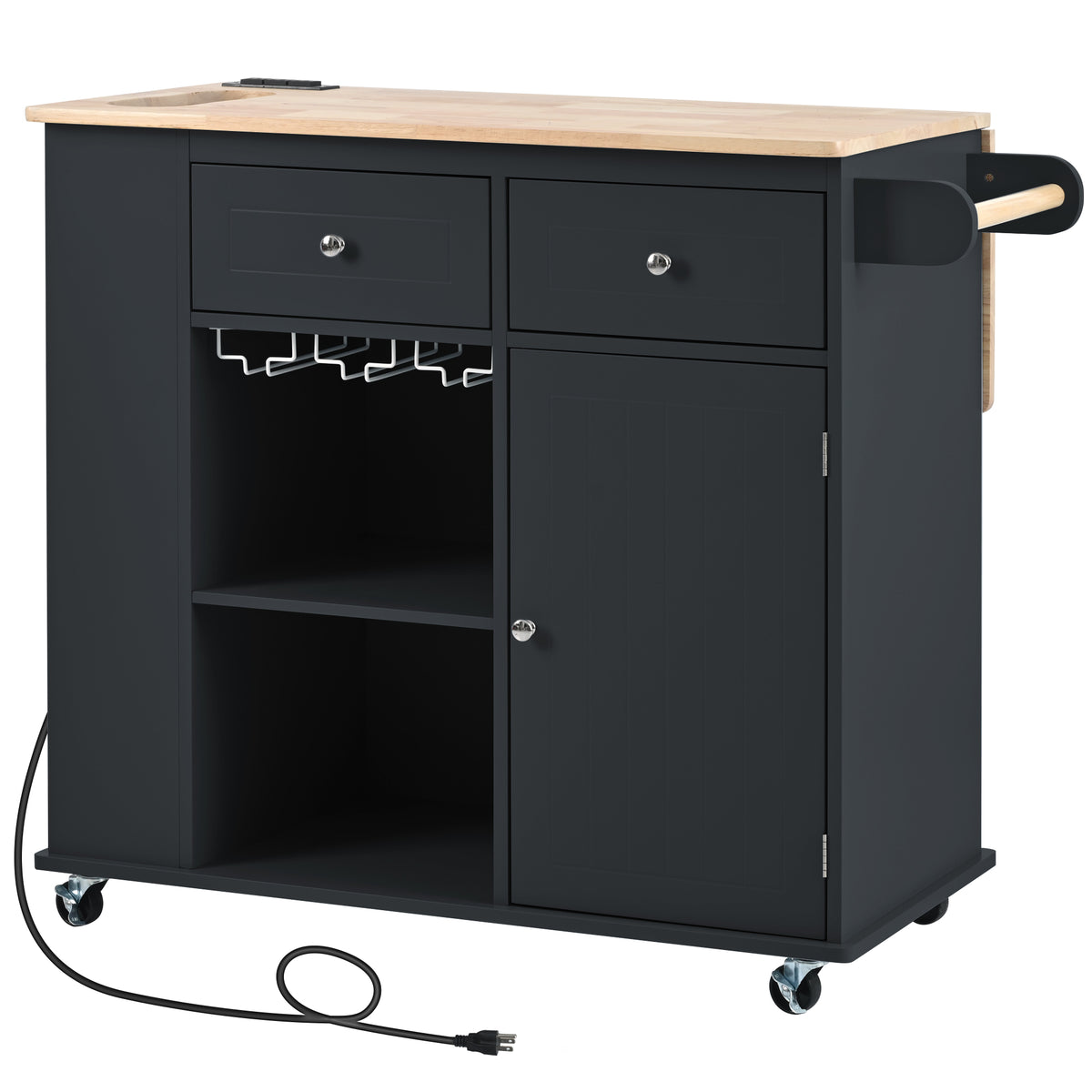 Kitchen Island with Power Outlet,Kitchen Storage Island with Drop Leaf and Rubber Wood,Open Storage and Wine Rack,5 Wheels,with Adjustable Storage for Home, Kitchen, and Dining Room, Black WF305556AAB-djyc