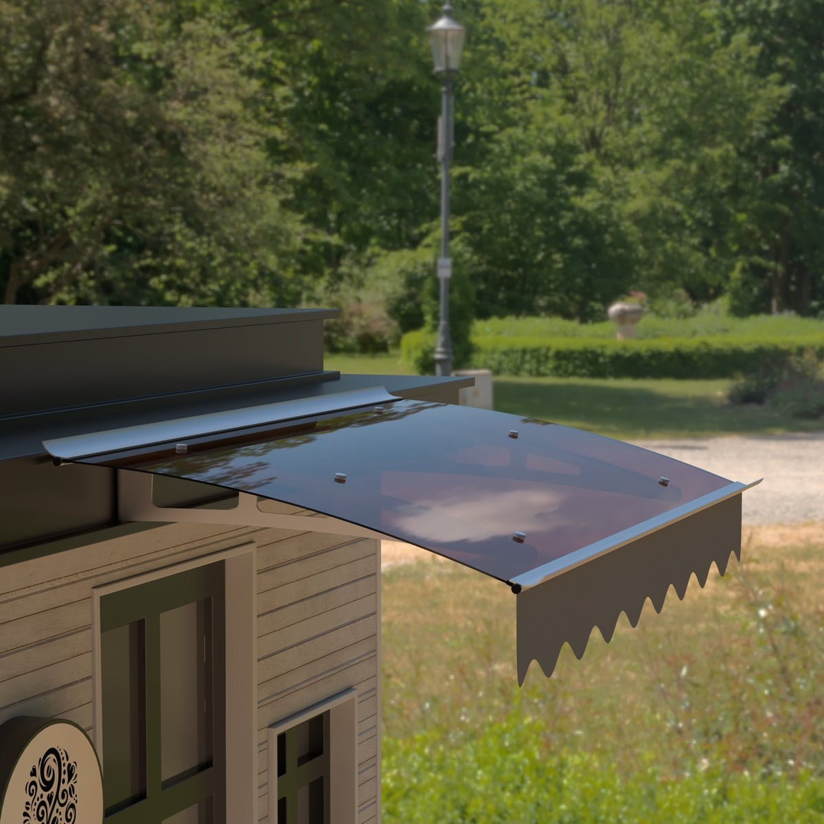 DA4734W Series Door Window Awning Made of0.137 Inch Thick Crystal Solid Polycarbonate Sheet and Aluminum Alloywith Valance in size of 47' Wide x 34' Deep for Wooden Wall House (Brown Roof) W2205P180054-djyc