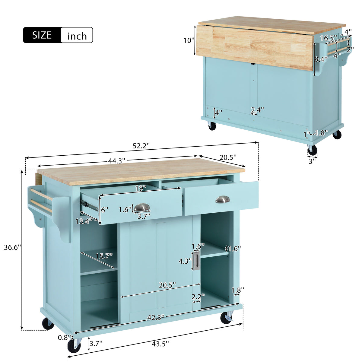 Kitchen Cart with Rubber wood Drop-Leaf Countertop, Concealed sliding barn door adjustable height,Kitchen Island on 4 Wheels with Storage Cabinet and 2 Drawers,L52.2xW30.5xH36.6 inch, Mint Green SK000001AAE-djyc