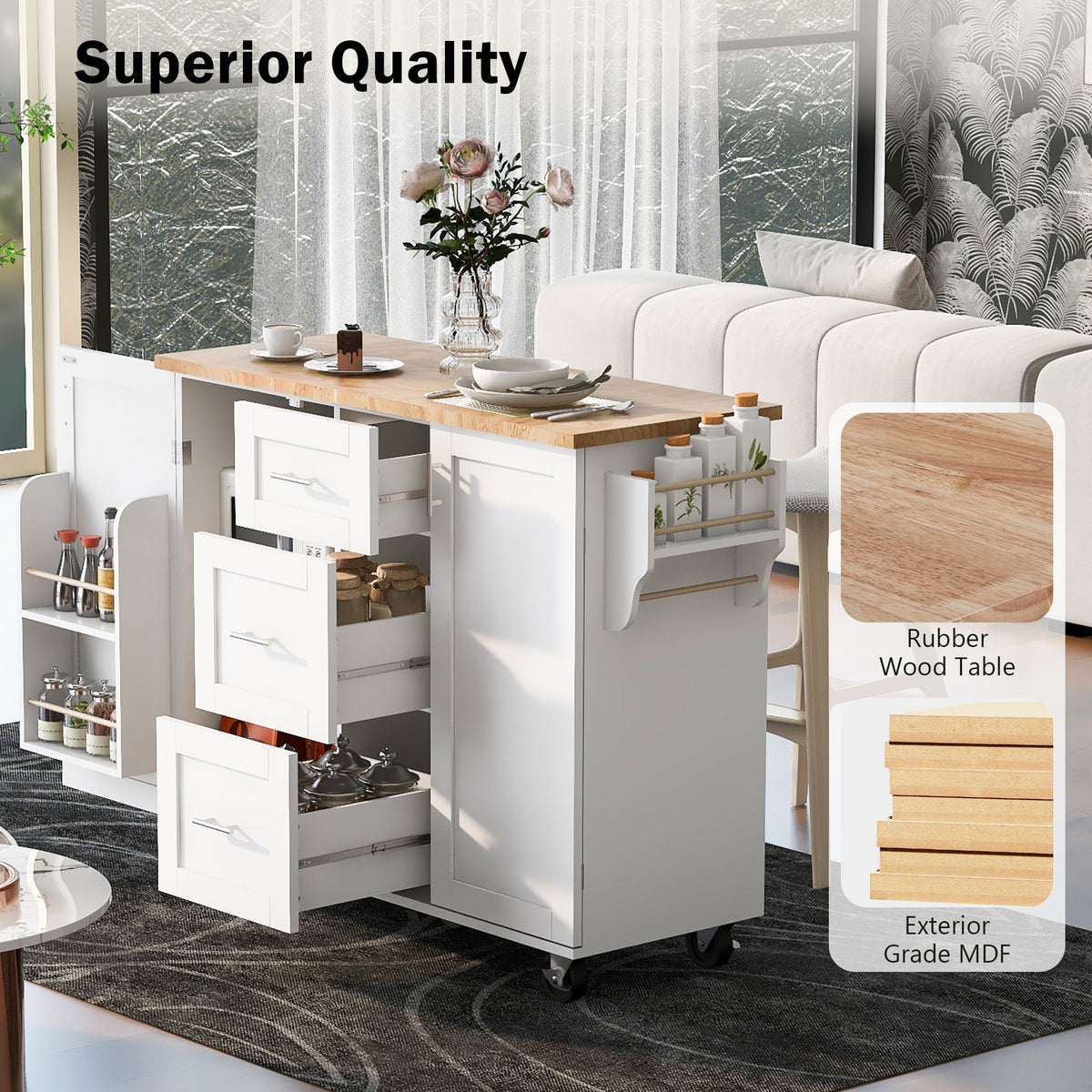 K&K Rolling Kitchen Island with Storage, Kitchen Cart with Rubber Wood Top, 3 Drawer, 2 Slide-Out Shelf and Internal Storage Rack, Kitchen Island on Wheels with Spice Rack & Tower Rack, White WF316599AAW-djyc