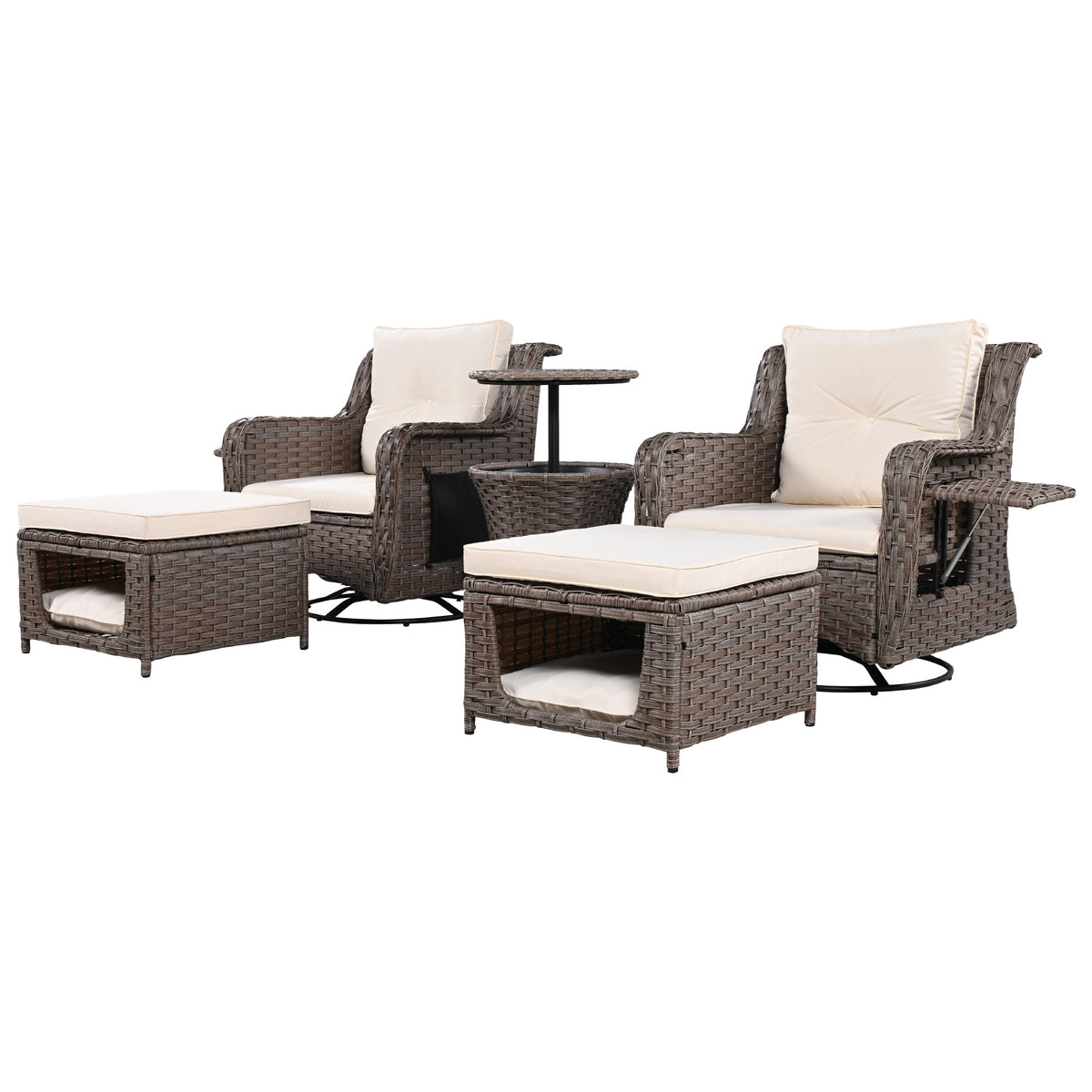 K&K 5 Pieces Outdoor Patio Furniture Set with Pet House Cool Bar and Retractable Side Tray, Rattan Wicker Patio Swivel Rocking Chairs Set of 2 with Ottomans for Backyard, Porch, Balcony, Beige SK000006AAA-djyc