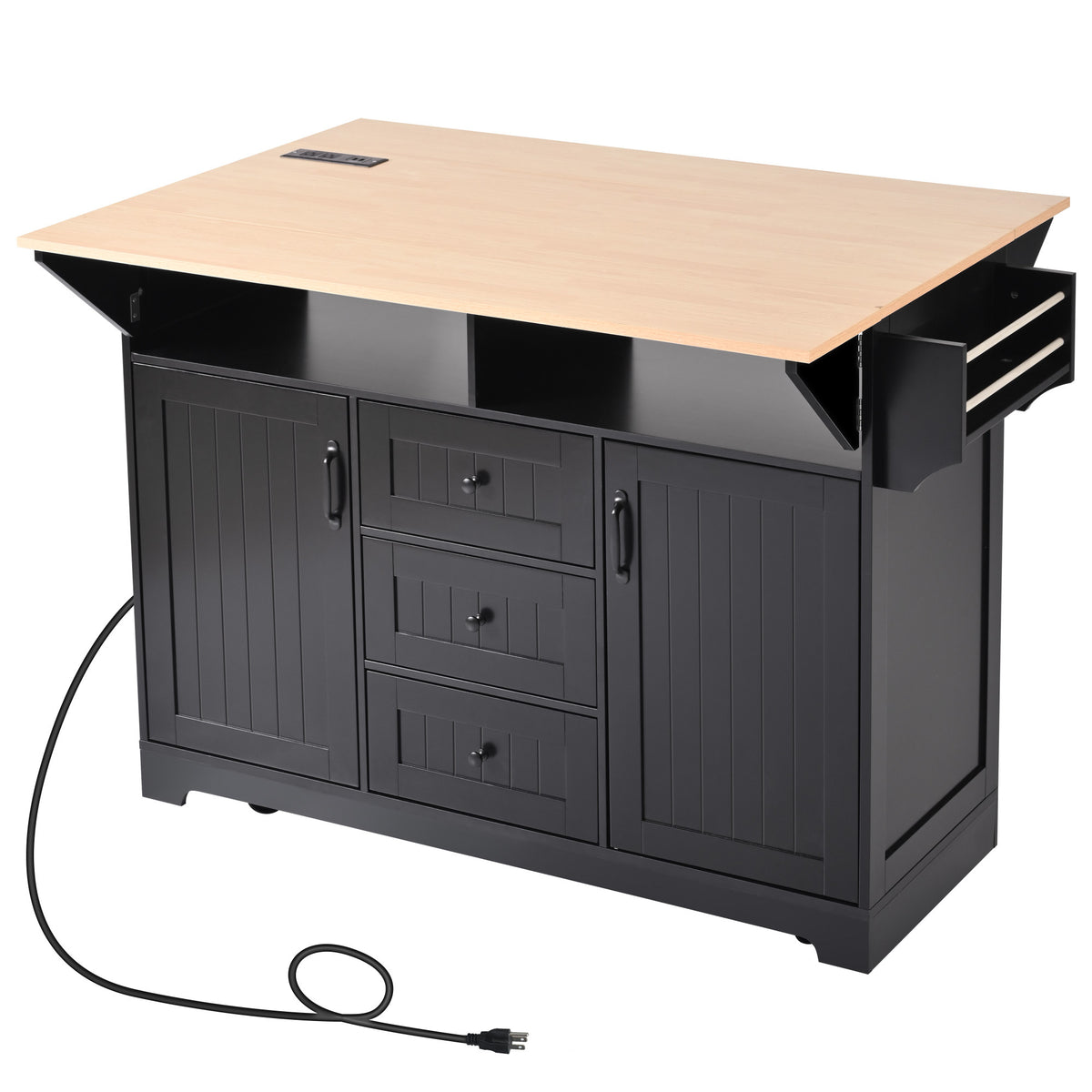 K&K 55.7'' Large Kitchen Island with 2 Drop Leaf,, Rolling Kitchen Cart on 5 Wheels with Power Outlet, Folding Storage Dining Table with Spice & Towel Rack , 3 Drawers, for Kitchen, Dining Room,Black N707P186617B-djyc