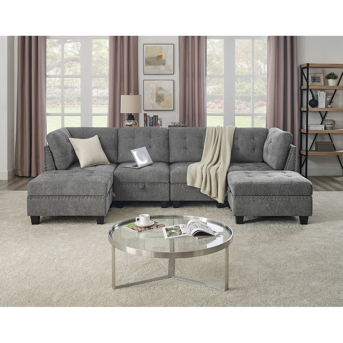 U shape Modular Sectional Sofa,DIY Combination,includes Two Single Chair ,Two Corner and Two Ottoman,Grey Chenille W487S00200-djyc