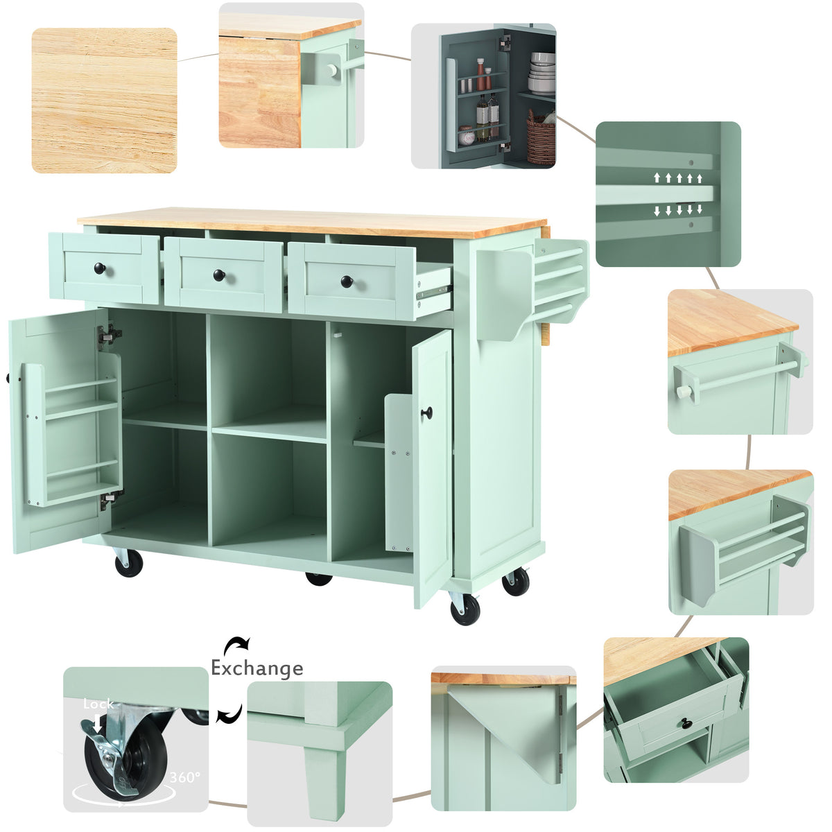 Kitchen Cart with Rubber wood Drop-Leaf Countertop ,Cabinet door internal storage racks,Kitchen Island on 5 Wheels with Storage Cabinet and 3 Drawers for Dinning Room, Mint Green WF298028AAE-djyc