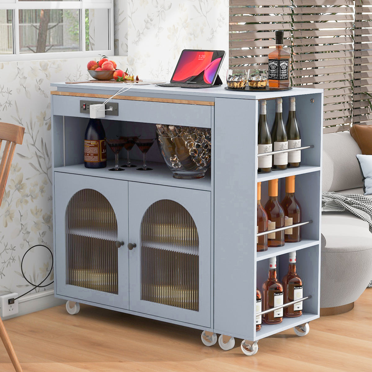 K&K Rolling Kitchen Island With Extended Table, Kitchen Island on Wheels with LED Lights,Power Outlets and 2 Fluted Glass Doors, Kitchen Island with a Storage Compartment and Side 3 Open Shelves, Grey WF316018AAG-djyc