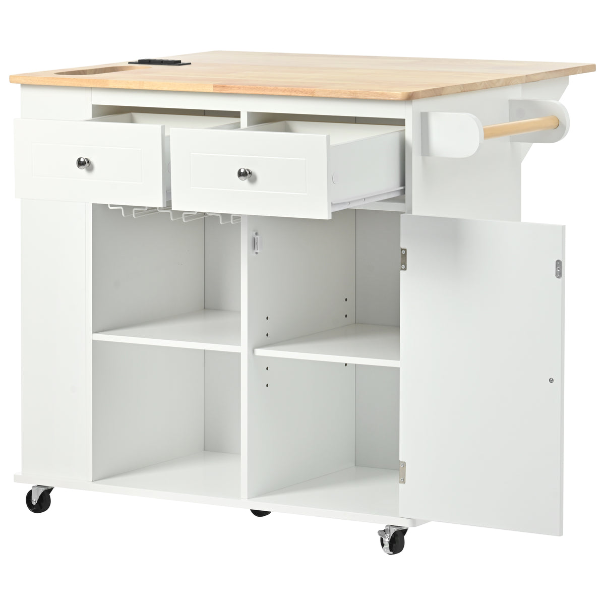 Kitchen Island with Power Outlet,Kitchen Storage Island with Drop Leaf and Rubber Wood,Open Storage and Wine Rack,5 Wheels,with Adjustable Storage for Home, Kitchen, and Dining Room,White WF305556AAW-djyc