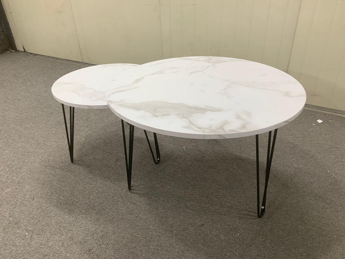 27.56'' Round Nesting Coffee Table Set of 2,Circular Nesting End Table Set, Round Marble Tabletop, and Sturdy Metal Base for Living Room, bedroom, White W808P176737-djyc