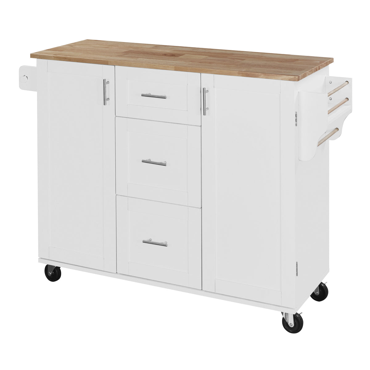 K&K Rolling Kitchen Island with Storage, Kitchen Cart with Rubber Wood Top, 3 Drawer, 2 Slide-Out Shelf and Internal Storage Rack, Kitchen Island on Wheels with Spice Rack & Tower Rack, White WF316599AAW-djyc