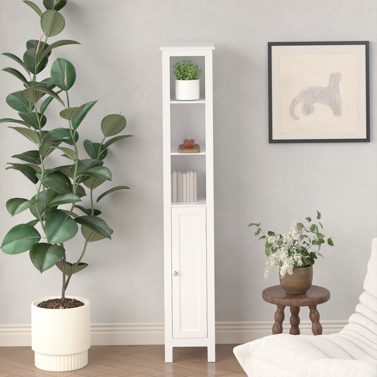 66.92" Tall Bathroom Storage Cabinet with Adjustable Shelves,Slim 1 Doors Freestanding Cabinet with Anti-Tip, Open compartments, for Home, Small Spaces, Bathroom,Kitchen, Living Room, White W808P174804-djyc