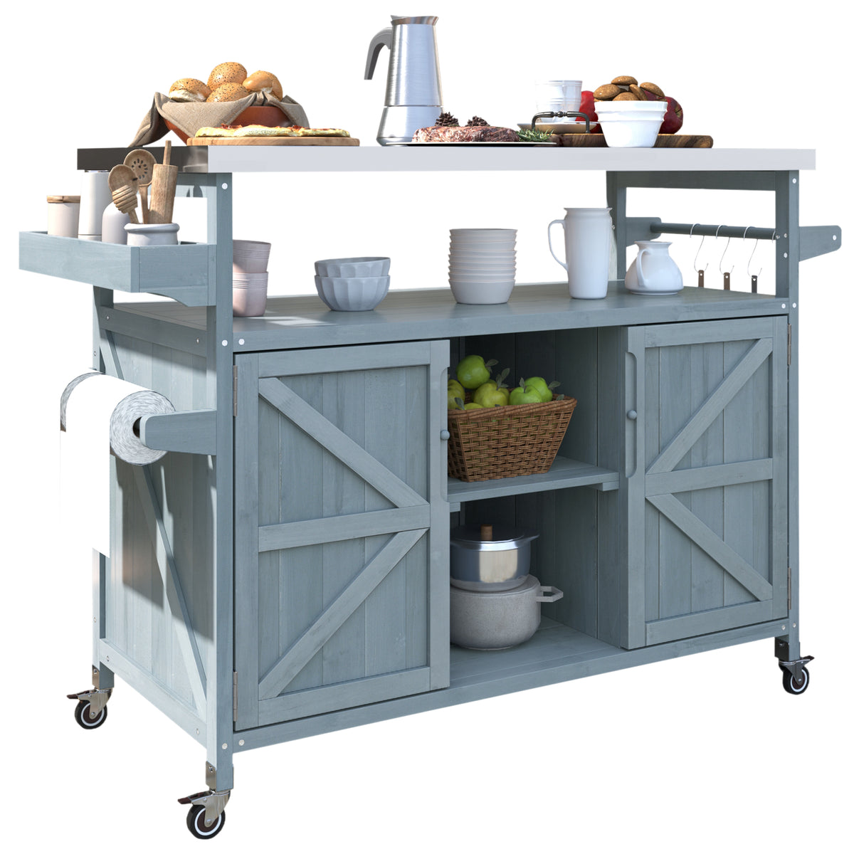 K&K Outdoor Kitchen Island, Rolling Bar Cart & Storage Cabinet, Farmhouse Solid Wood Outdoor Grill Table with Stainless Steel Top, Spice Rack , Towel Rack for Kitchen & BBQ , Grey Blue WF532198AAG-djyc