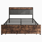 Queen Size Bed Frame, Storage Headboard with Charging Station and 2 Drawers, Solid and Stable, Noise Free, No Box Spring Needed, Easy Assembly, Vintage Brown and Gray W840137808-djyc