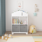 Kids Dollhouse Bookcase with Storage, 2-Tier Storage Display Organizer, Toddler Bookshelf with 2 Collapsible Fabric Drawers for Bedroom or Playroom (White/Gray) W808122614-djyc