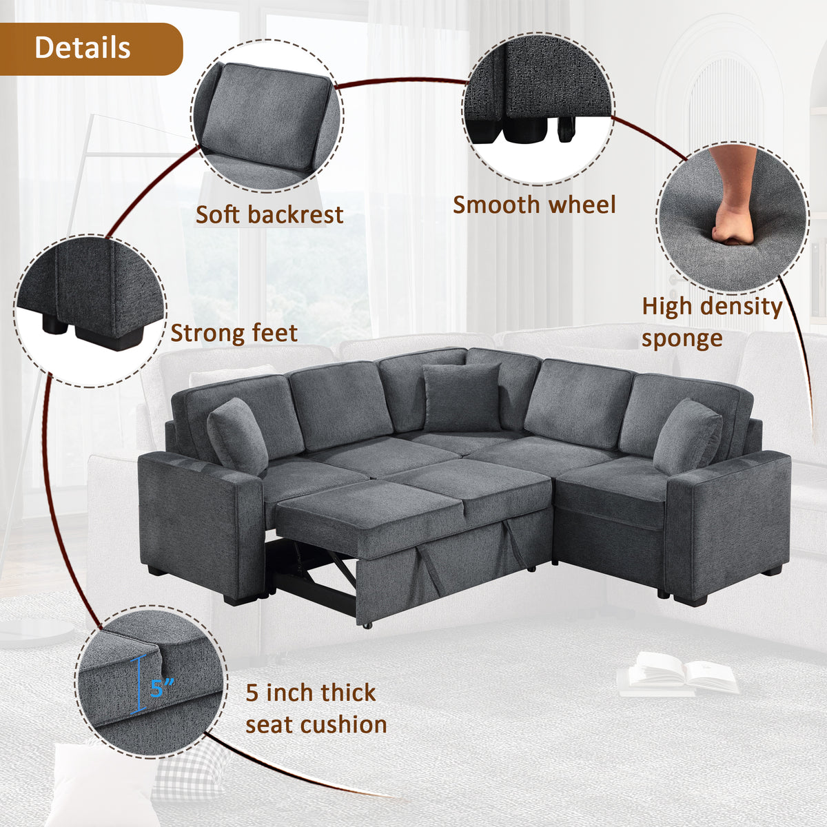 Modular Sofa, Sectional Couch L Shaped Sofa Couch with Pullout Sleeper, 5 Seat Chenille Corner Sofa for Living Room, 3 Pillows Included, Dark Gray W1998S00052-djyc