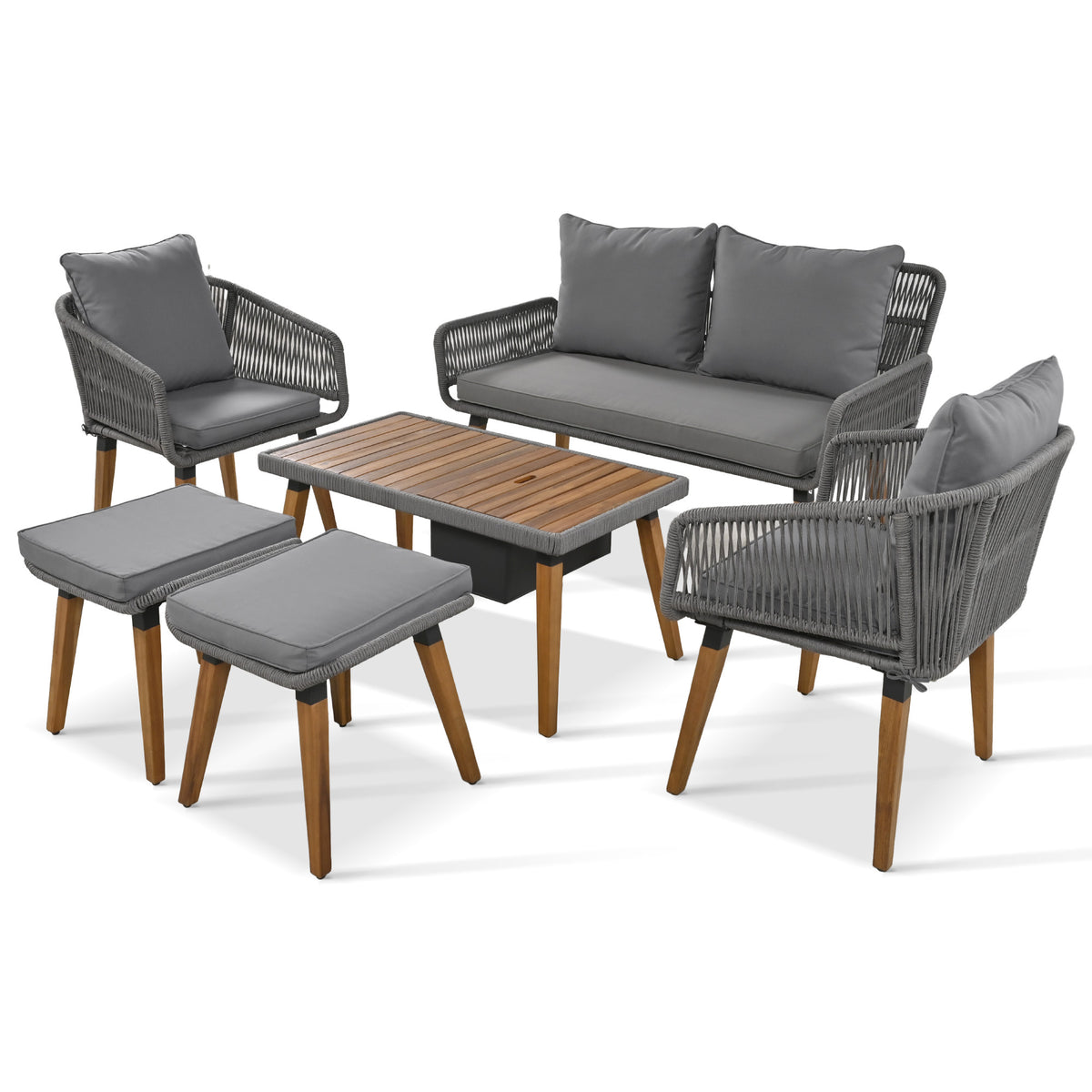 K&K 6-Piece Rope Patio Furniture Set, Outdoor Furniture with Acacia Wood Cool Bar Table with Ice Bucket , Deep Seat Patio Conversation Set with Two Stools for Backyard Porch Balcony (Grey) SK000005AAE-djyc