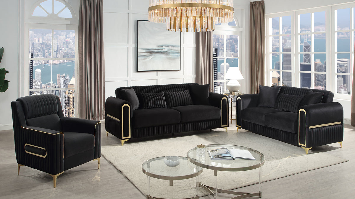 Ruby 3Pc Modern Upholstered Sofa, Loveseatand Chair in Black with Solid Birch Wood Frame, Pocket Coil Seating and Gold Stainless Steel Legs-B009S02248