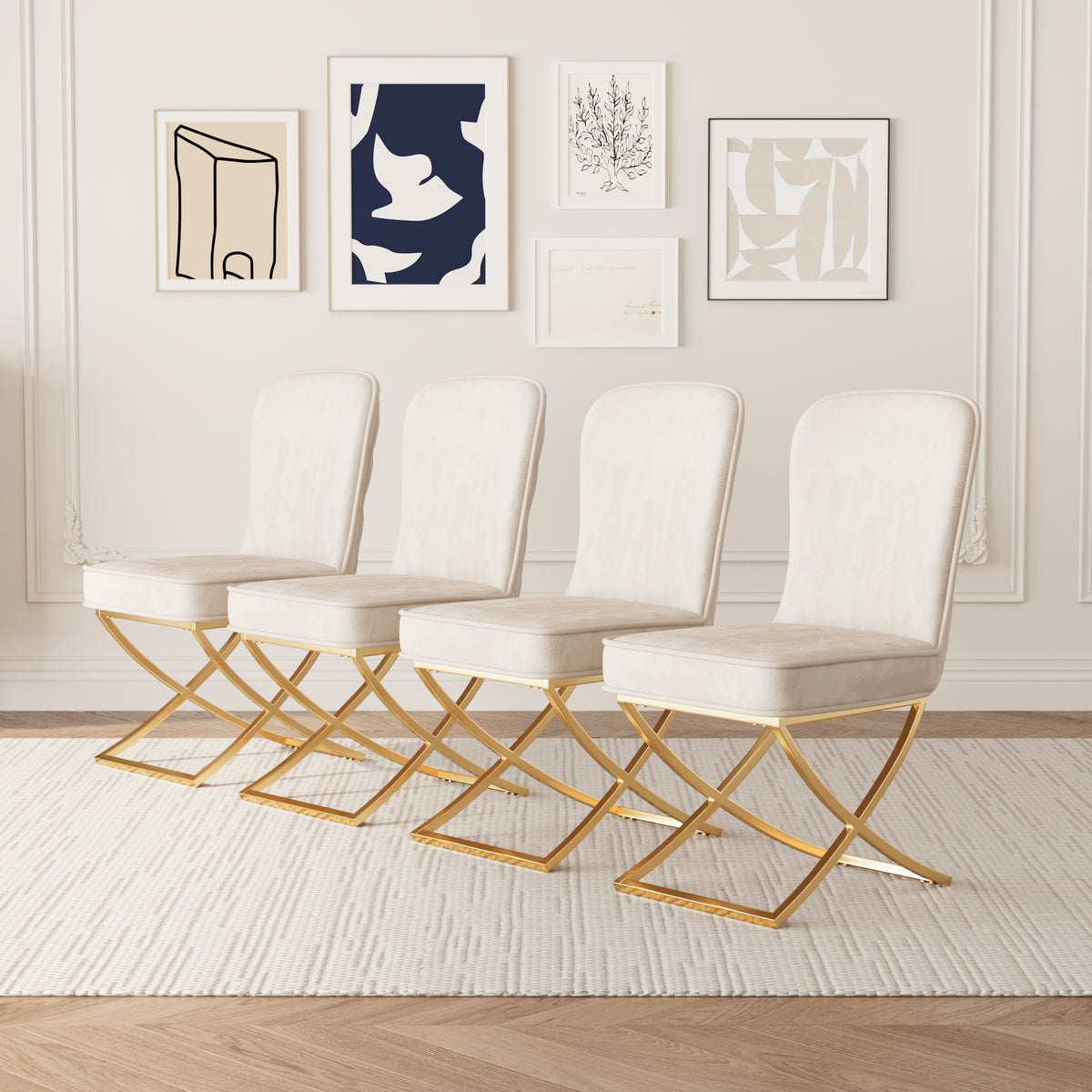 Dining Chair Set of 4, Beige velvet Backrest and golden Metal legs.For Modern Kitchen Dining Room Chair for Kitchen Living Modern decorative Leisure chairs.Office chairs y-2009 W1727S00010-djyc