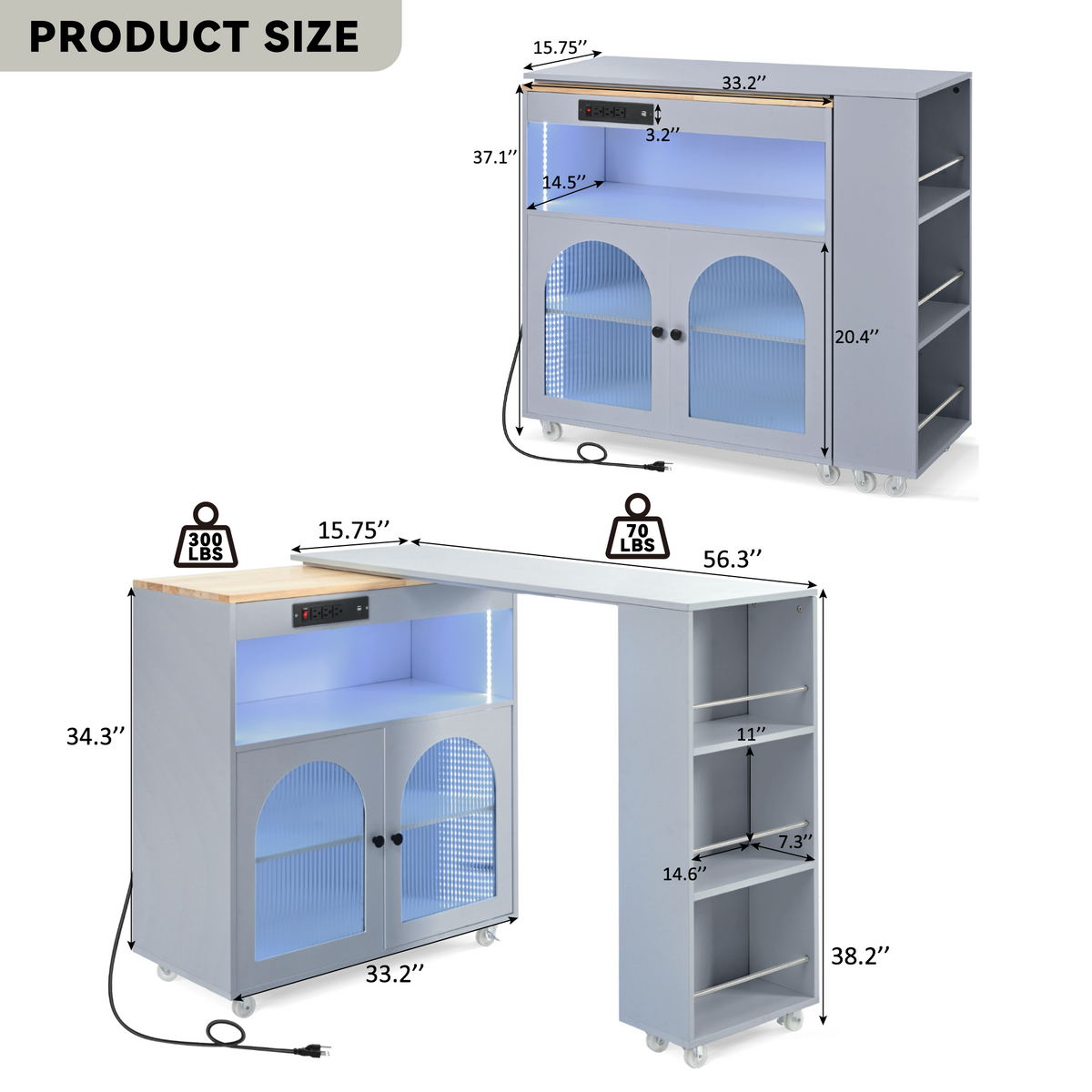 K&K Rolling Kitchen Island With Extended Table, Kitchen Island on Wheels with LED Lights,Power Outlets and 2 Fluted Glass Doors, Kitchen Island with a Storage Compartment and Side 3 Open Shelves, Grey WF316018AAG-djyc