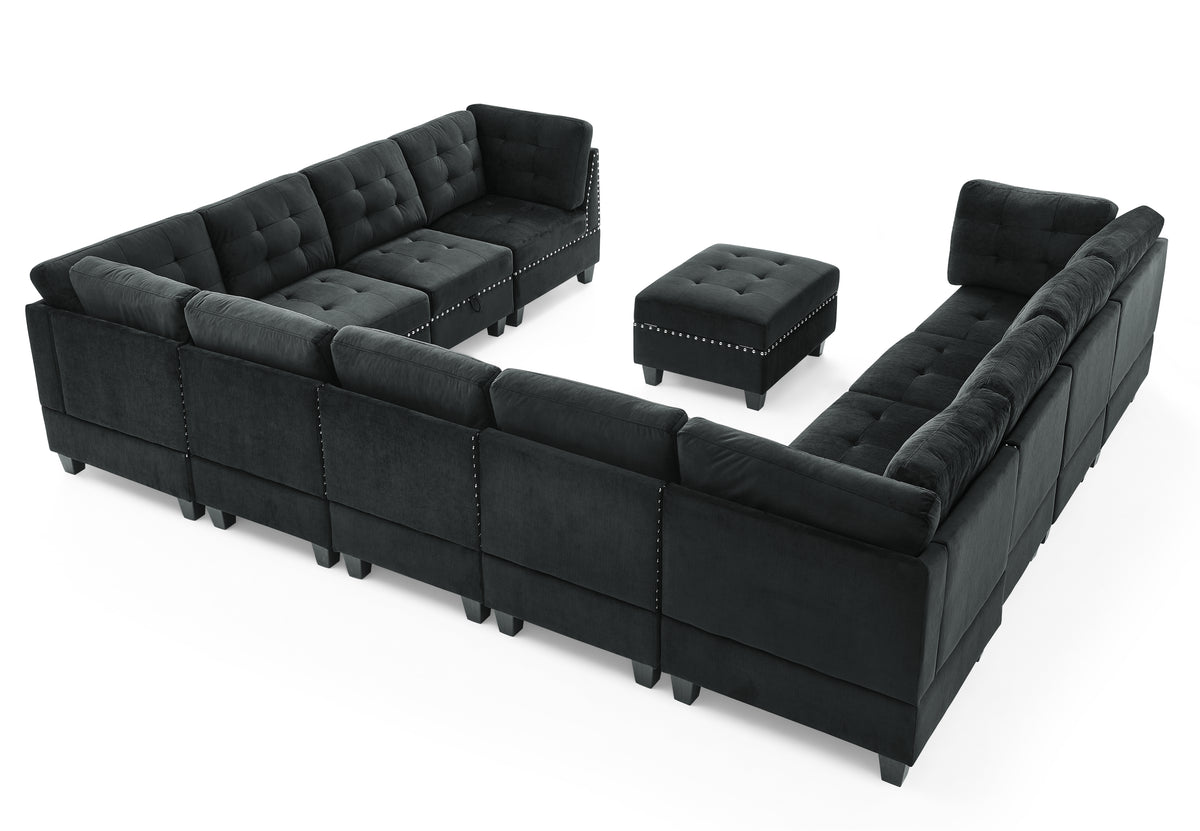 U shape Modular Sectional Sofa,DIY Combination,includes Seven Single Chair,Four Corner and One Ottoman,Black Velvet. W487S00075-djyc